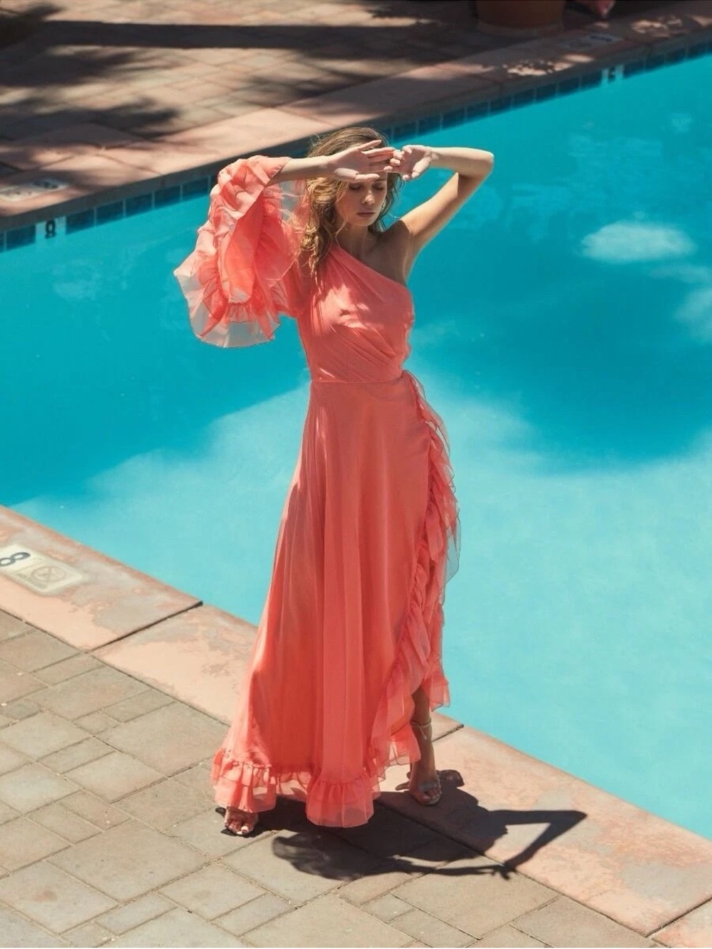 Mac Duggal Size 4 Coral 55924 One Shoulder Ruffle Evening Gown Dress Formal New